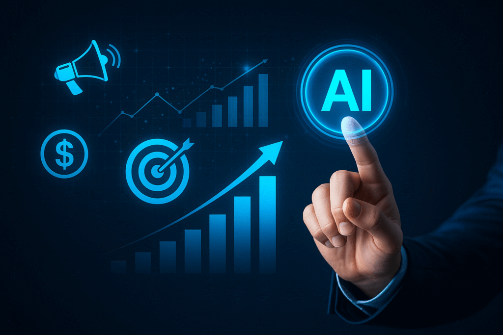 Marketing Digital com Inteligência Artificial e Tráfego Pago – DekMídia "Imagem representando a integração de Inteligência Artificial e tráfego pago para impulsionar negócios – DekMídia